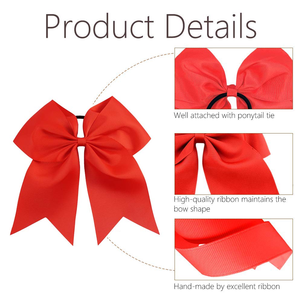 16Pcs 8 Large Cheer Hair Bows Ponytail Holder Elastic Band Handmade For Cheerleading Teen Girls College Sports (16 Pcs) (Red)