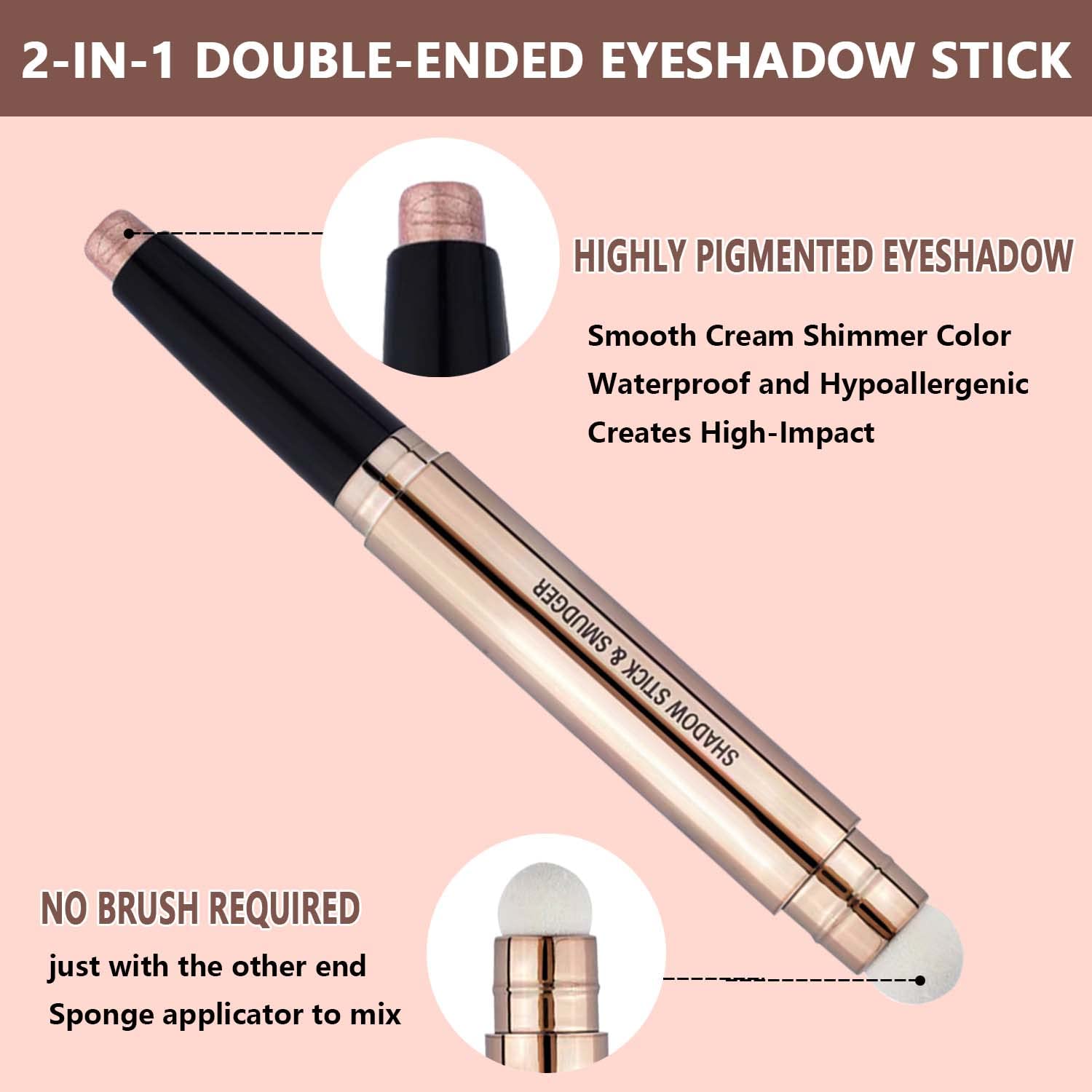 2 In 1 Eyeshadow Stick And Sponge Makeup Brush, Brown Smooth Cream Shimmer Shadow Pencil Long Lasting Waterproof Eye Shadow High