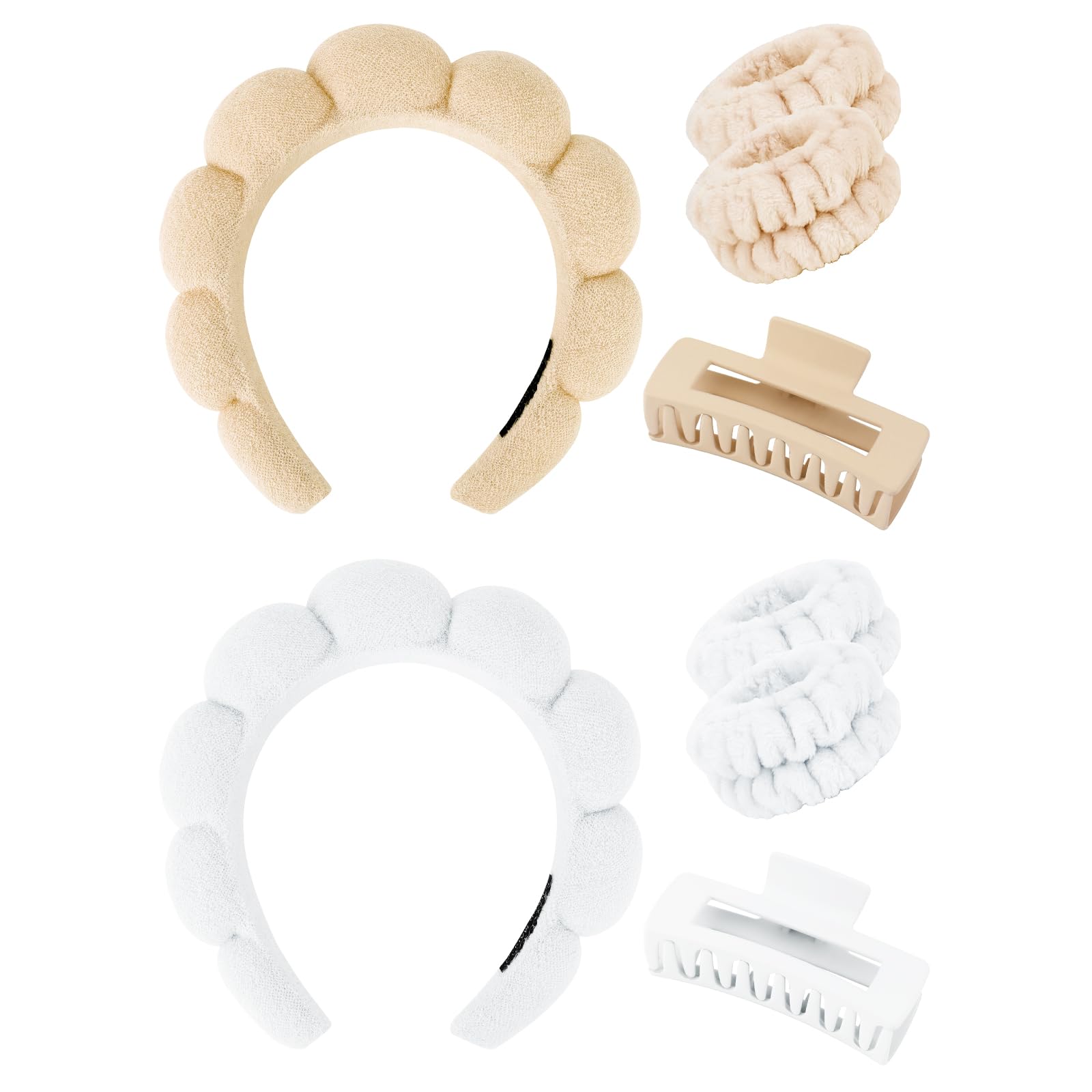 Wecoe White Khaki Spa Headband And Wristband Set Skincare Headband For Washing Face Hair Claw Clips For Thick Hair Cute Puffy Sp