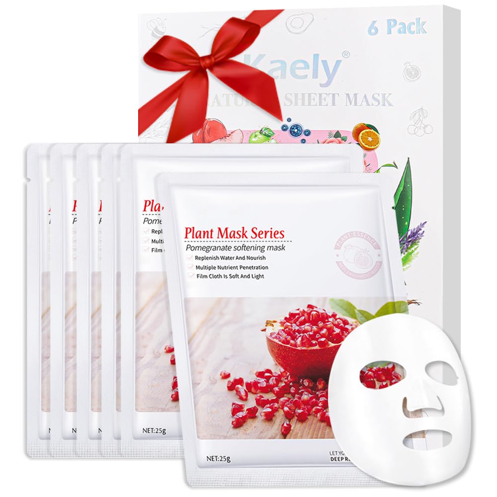Kaely 6 Pack Pomegranate Sheet Masks,Hydrating Smoothing Face Masks For Women Men,Facial Mask Skin Care Korean,Moisturize,Bright