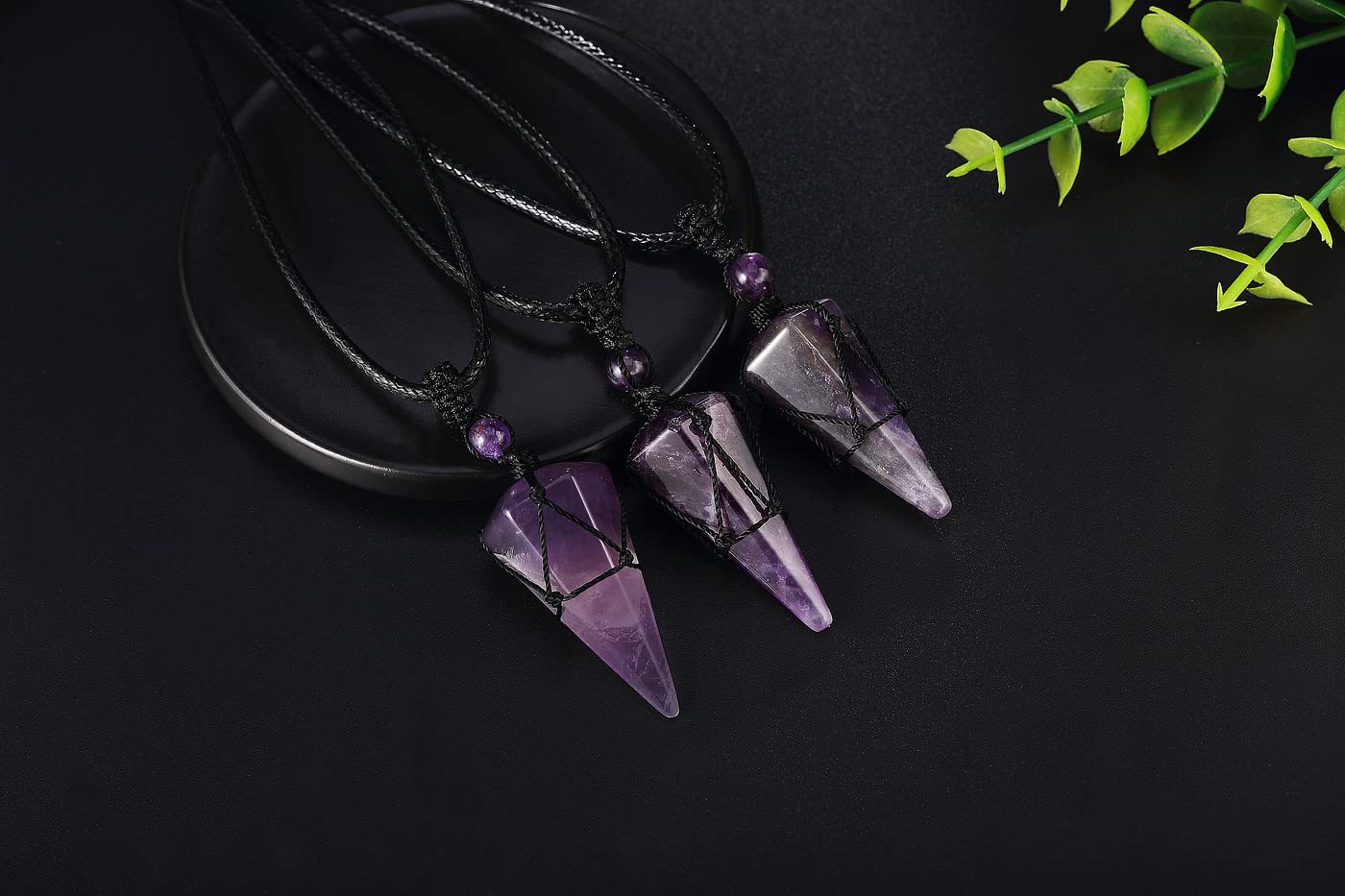 XIANNVXI Amethyst Necklace for Men Women Healing Crystal Stone Pointed Adjustable Black Rope Natural Gemstone Pendant Necklaces