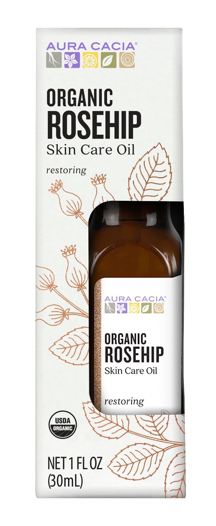 Aura cacia Organic Rosehip Skin care Oil  gcMS Tested for Purity  30ml (1 fl. oz.) in Box