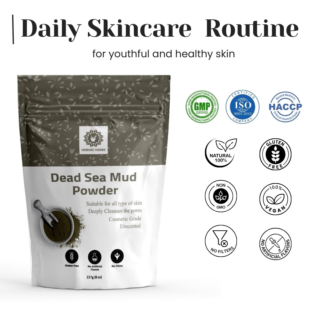 Hebhac Herbs Dead Sea mud powder 227 g | Powder for Facial Mask for Men & Women | Natural Facial Cleanser, Skin Tightening, Blac