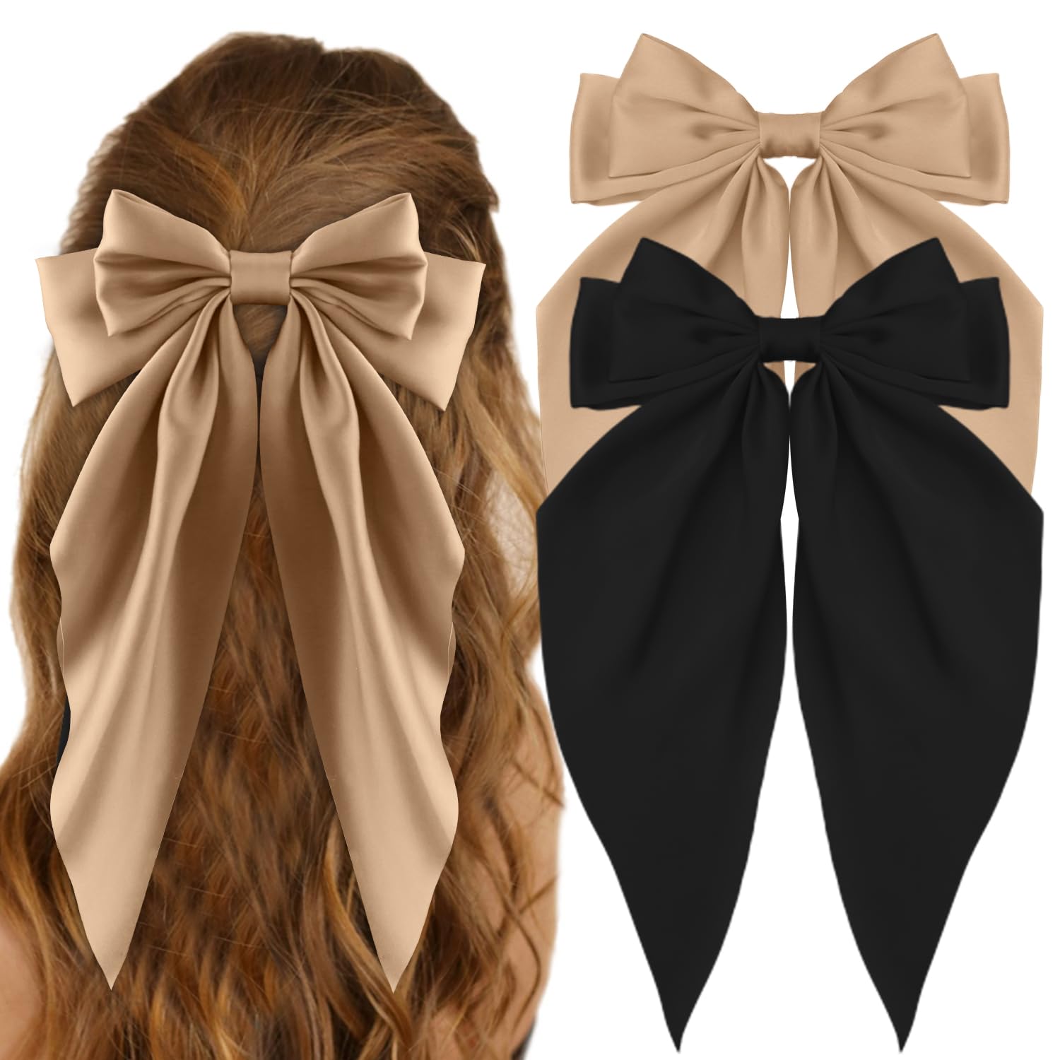 ATODEN Oversized Satin Hair Accessories - Long Tail Bowknot Barrettes for Women, Metal Clips in Khaki and Black (2Pcs)