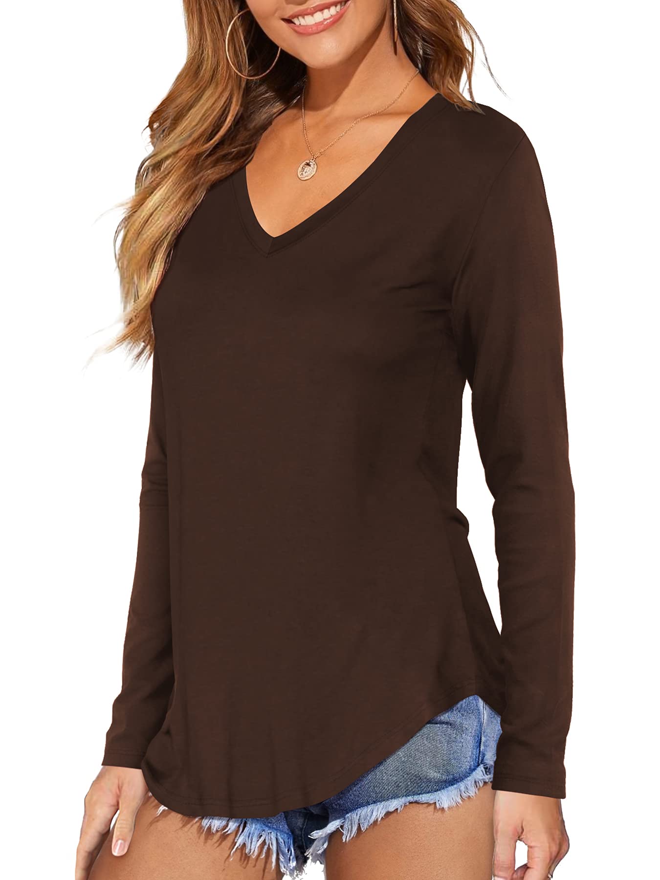 DittyandVibe Women Long Sleeve V Neck curved Hem Tunic Tops T Shirts (Brown,XL)