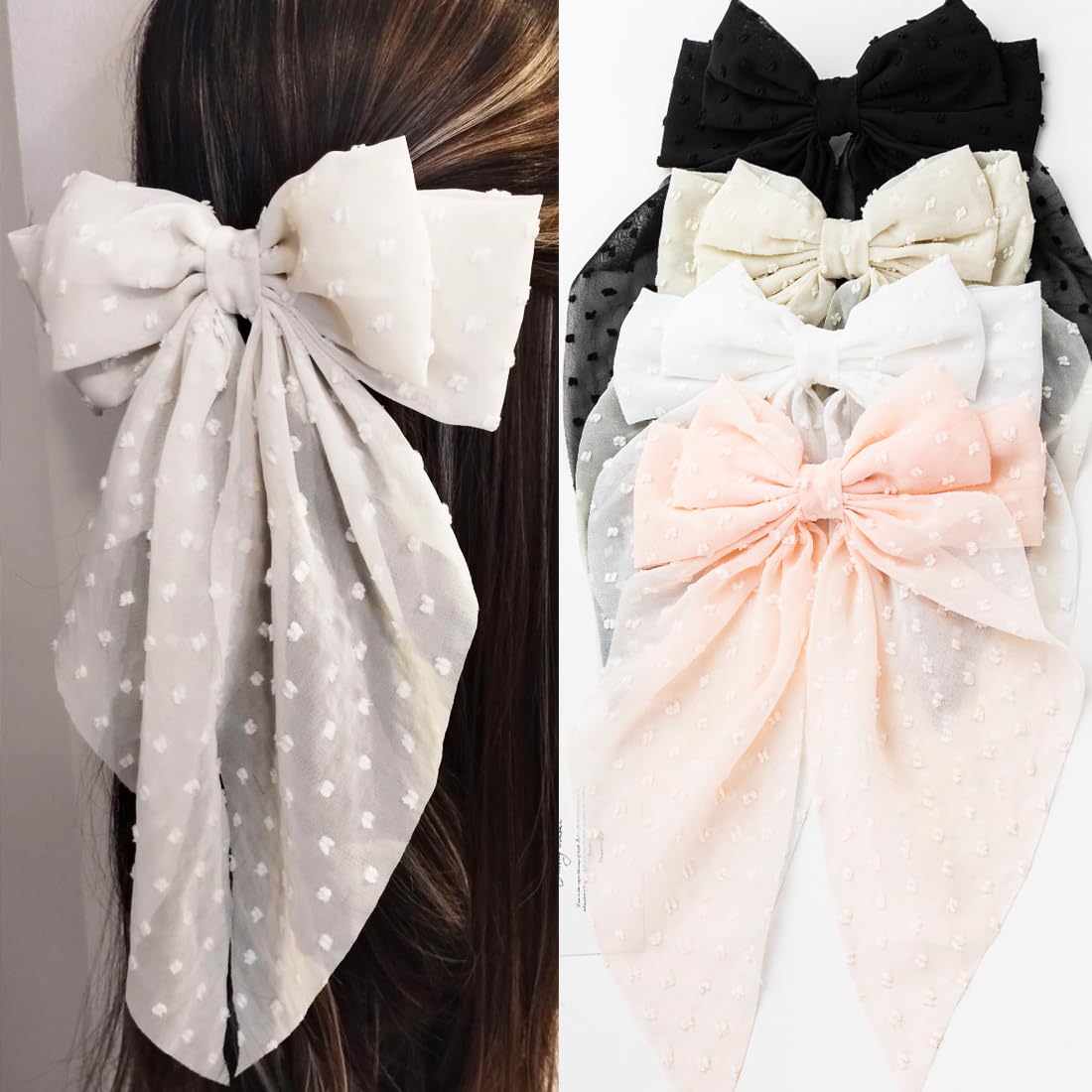 Seneeel Large Hair Bows 4 PCS - Cute Oversized Ribbon Bows for Women in Beige, Light Pink, White, Black - Hair Barrettes for Dif