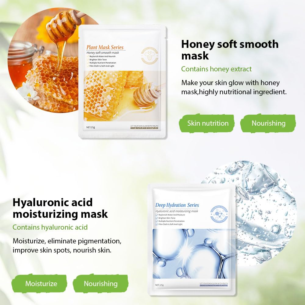 6 Pcs Real Hydrating Avocado Honey Orange Aloe Vera Nature Face Masks Skincare, Hyaluronic Acid, Vitamin C And E, Chamomile, Kor