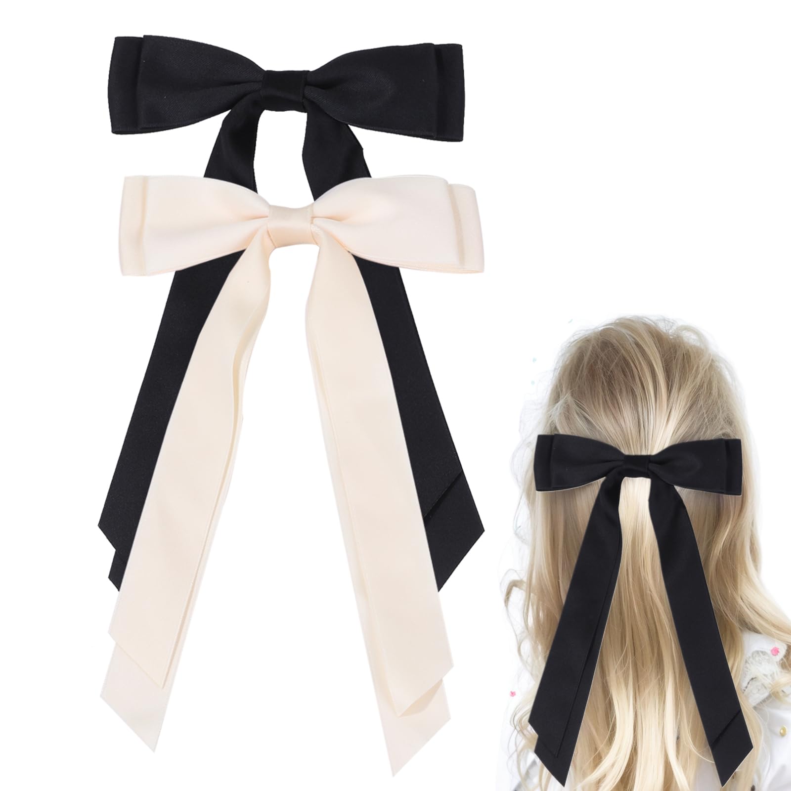Satin Bow Hair Clips for Women, Silkly Satin Black Beige Hair Ribbon Bow with Long Tail Hair Accessories for Girls (Black Beige)