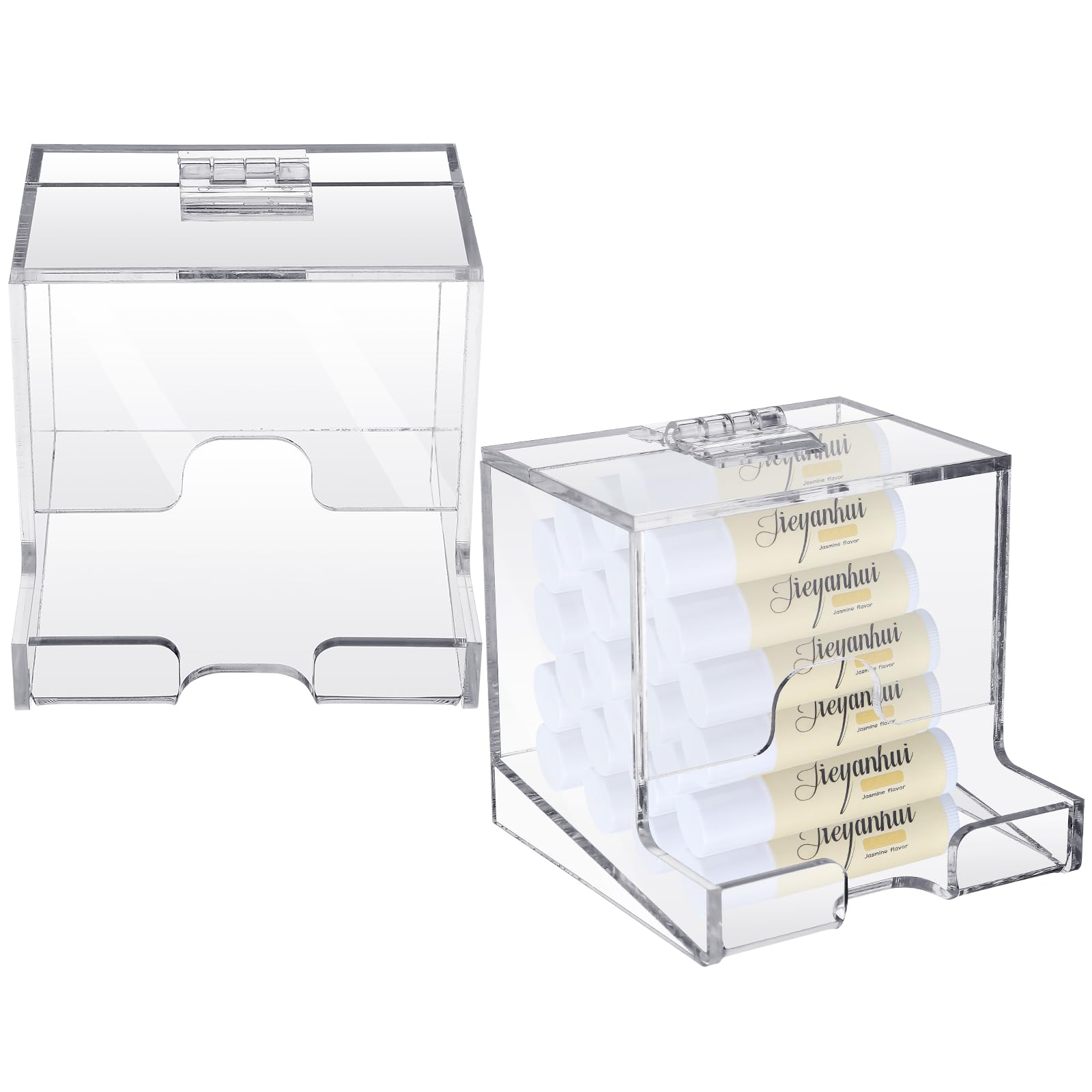 Wenqik 2 Pack Clear Acrylic Lip Balm Dispenser with Hinged Lid Home Freestanding Countertop Display for Lipsticks Glosses or Lip