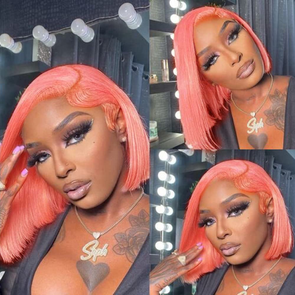 13X4 Hd Transparent Straight Pink Short Bob Wig Human Hair Frontal Lace Wig Glueless Blunt Cut Bob Wig 100% Human Virgin Hair La