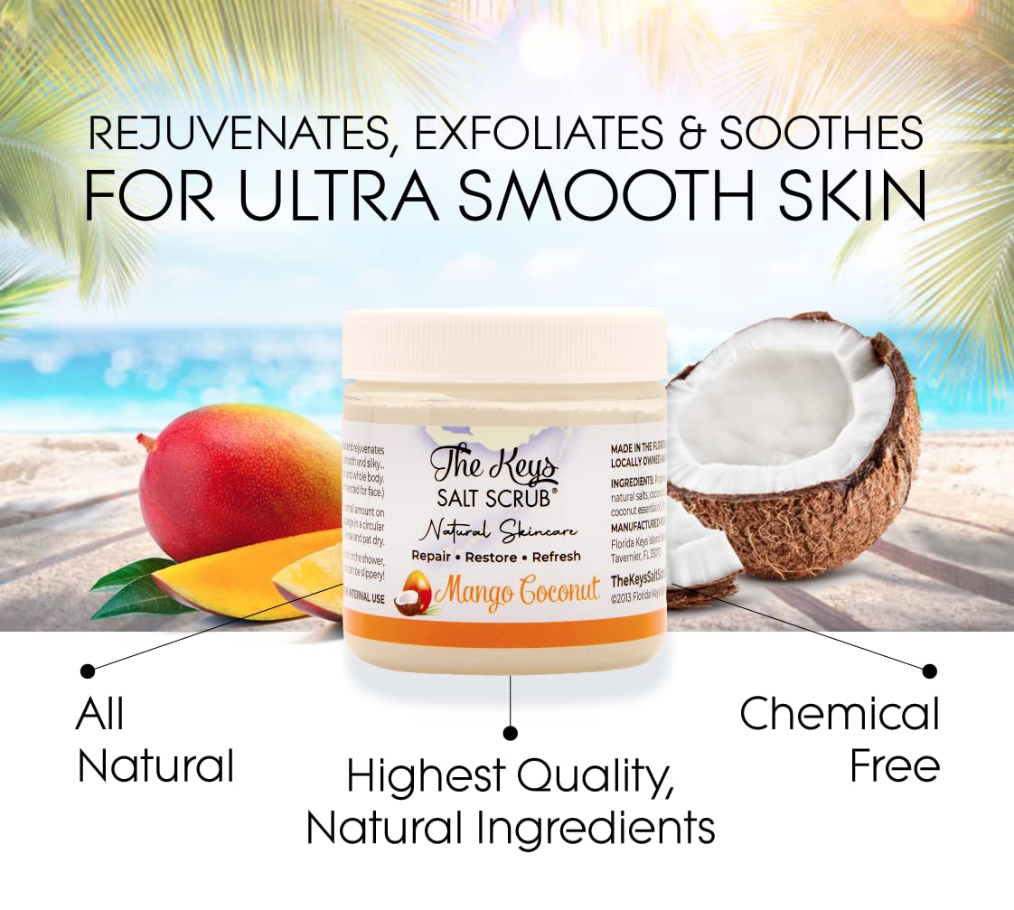 The Keys Sea Salt Scrub - Exfoliating Body Scrub with Wooden Spoon- Foot Scrub and Hand Scrub for men, women- Made with Pure Flo