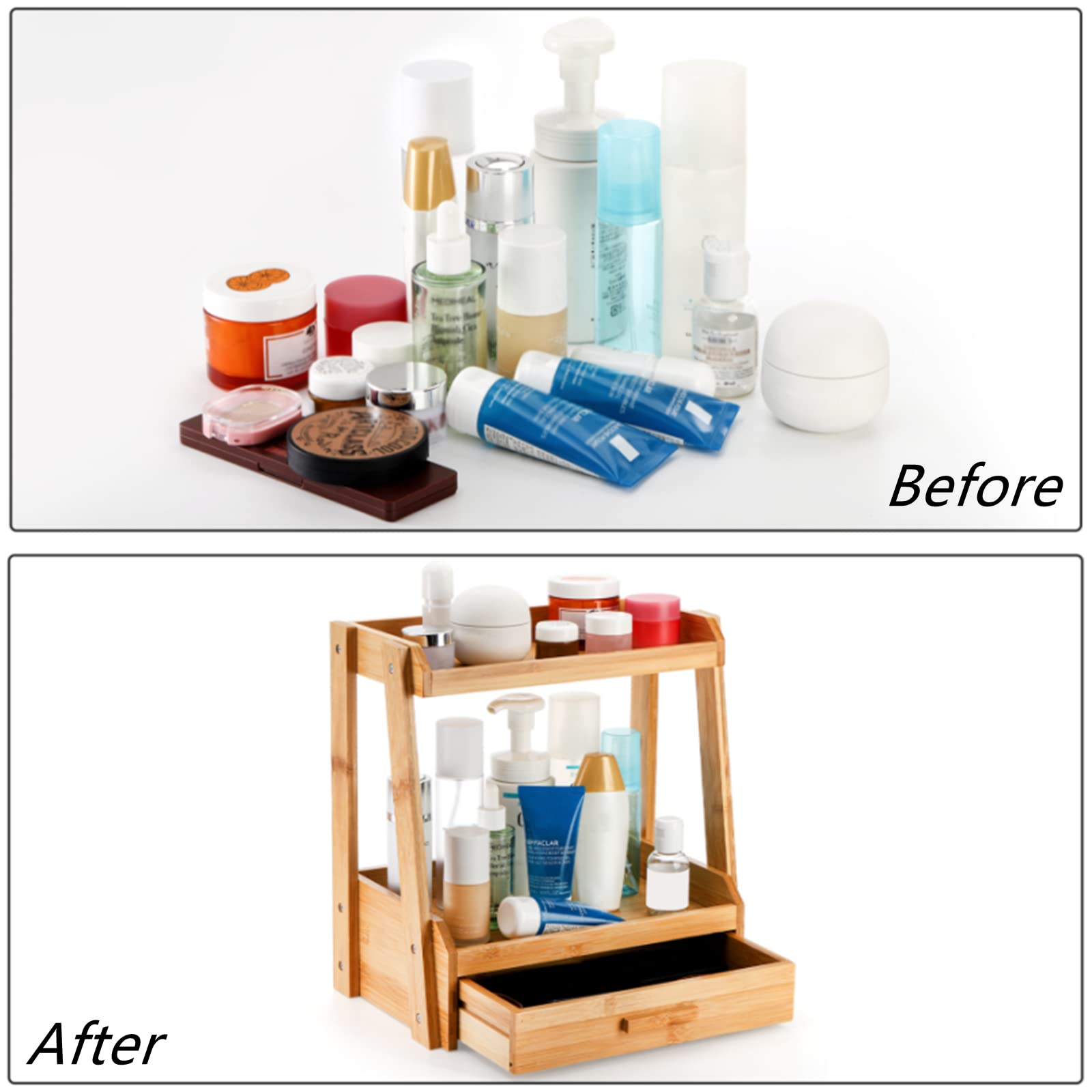 Lyellfe 2 Tier Bamboo Makeup Organizer, Bathroom Counter Organizer With Drawer, Multi-Purpose Cosmetic Perfume Display Stand For