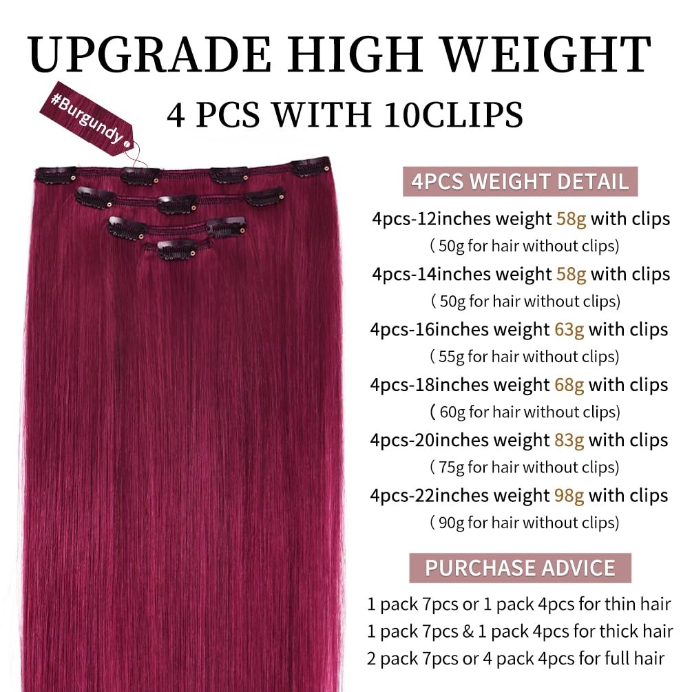 18'' Clip In Hair Extensions Remy Human Hair For Women - Silky Straight Burgundy Real Hair Extensions Clip Ins 68Grams 4Pieces (