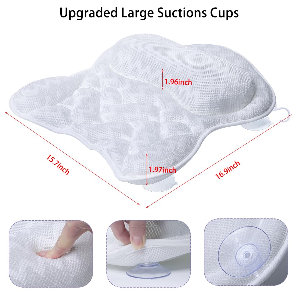 Bath Pillow, Tub Pillow For Bathtub Support Neck,Head And Back With Strong Non-Slip Suction Cups And Comfortabl 3D Airmesh Bath