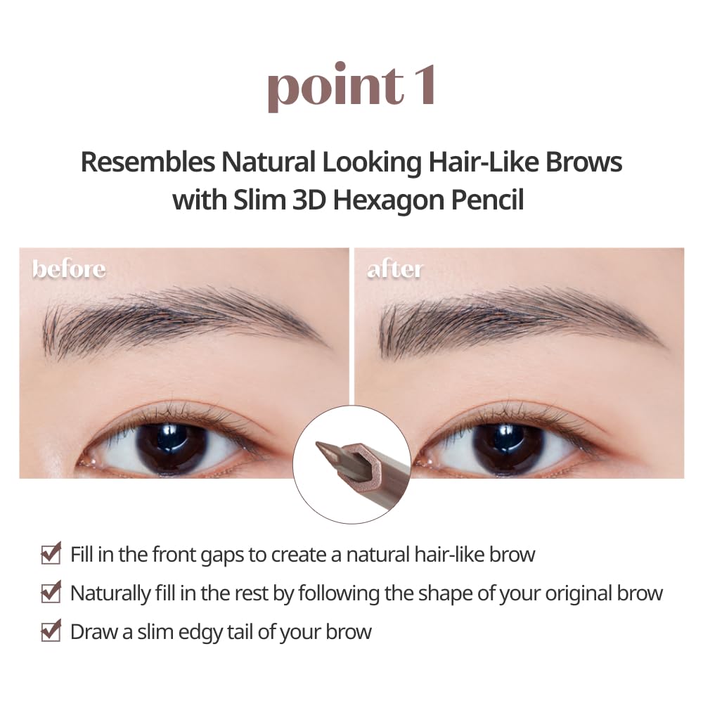 Etude Bare Edge Brow Pencil 05 Mild Taupe (23Ad) | A Hexagon-Shaped Slim Brush That Delicately Coats Every Strand Of Eyelashes |