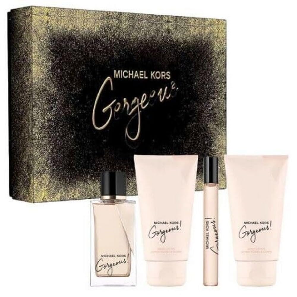 Michael Kors Gorgeous 4 Pcs Set For Women: 3.4 Eau De Parfum Spray + 0.3 Eau De Parfum Spray + 3.4 Shower Gel + 3.4 Body Lotion