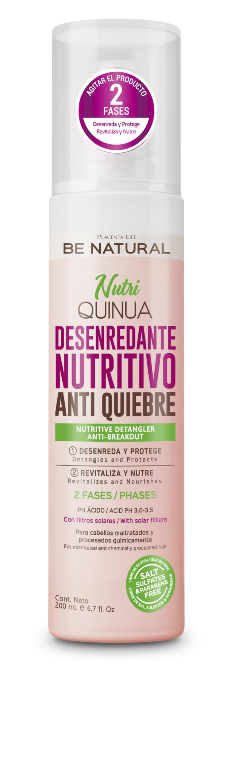 PLACENTA LIFE BE NATURAL NUTRI QUINOA - Leave-In Detangling Spray with UV Protection for Damaged Hair (200 ml / 6.76 fl oz)