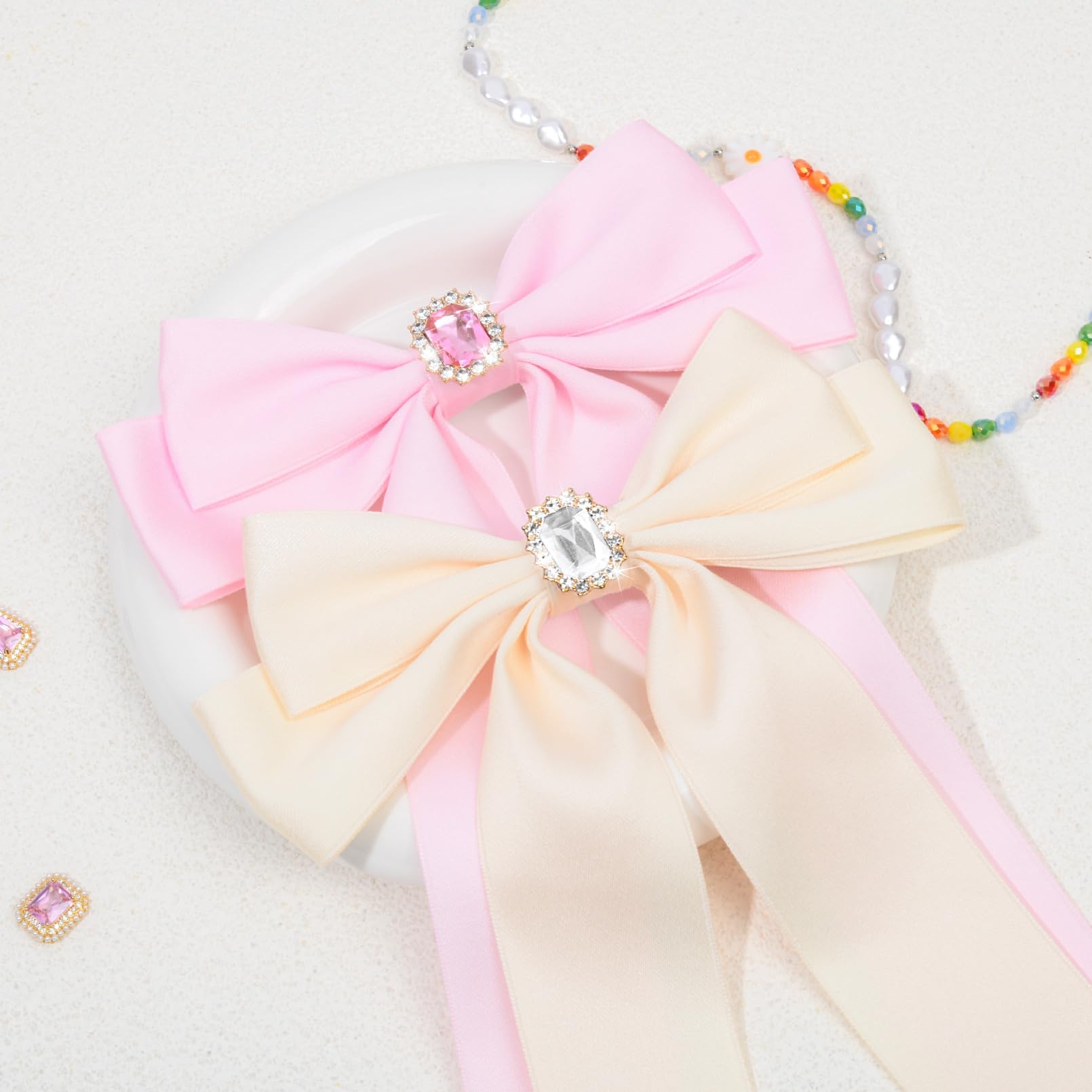 2Pcs Hair Bows For Women Hair Clip Beige Pink Hair Ribbon Rhinestone Hair Accessories Glitter Bowknot Long Hair Barrettes For Wo