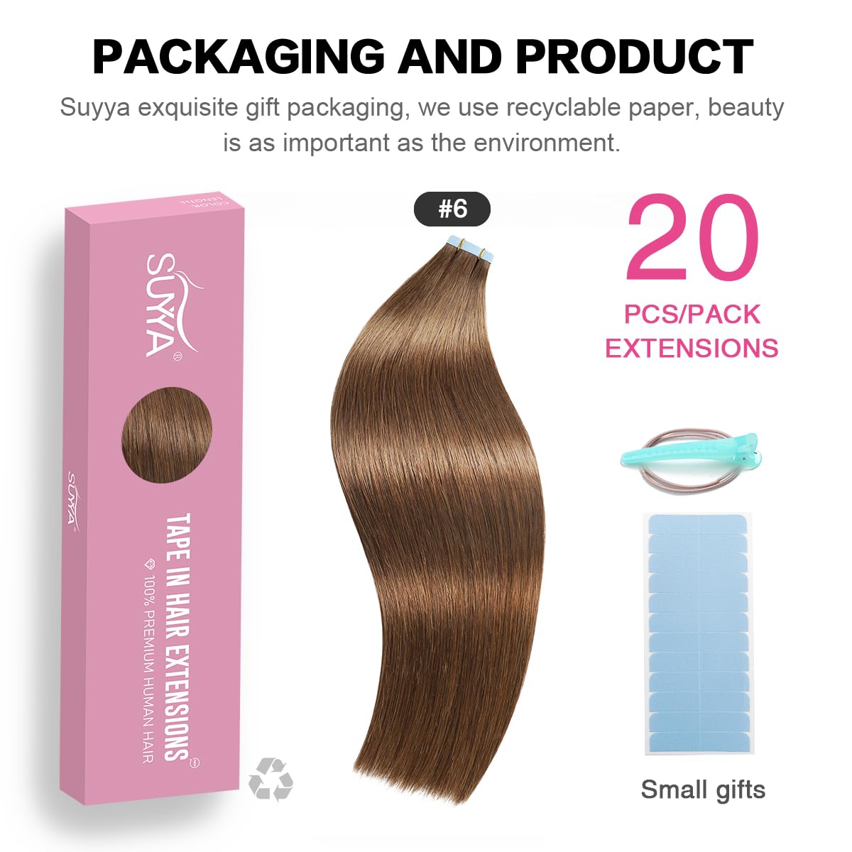 Suyya Tape In Hair Extensions Human Hair Chestnut Brown 100% Remy Human Hair 50G/Pack 20Pcs Straight Seamless Skin Weft Tape In