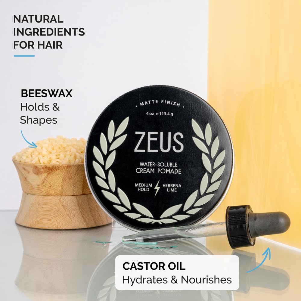 Zeus Texture Cream Hair Pomade, Medium Hold, Natural Shine, Water Soluble Cream Pomade For Men (Made In Usa) 4 Oz.
