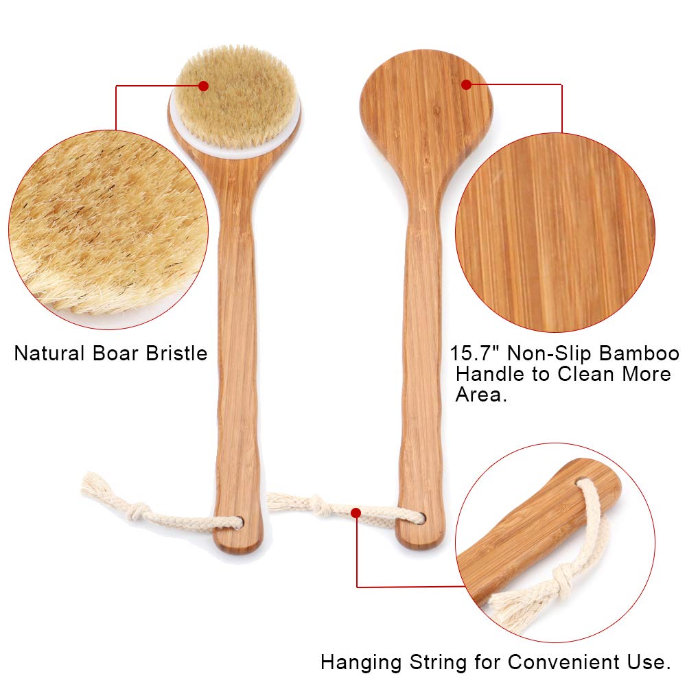Shower Brush With Natural Bristle - Long Bamboo Handle Bath Body Brush For Wet Or Dry Brushing - Improves Blood Circulation, Exf