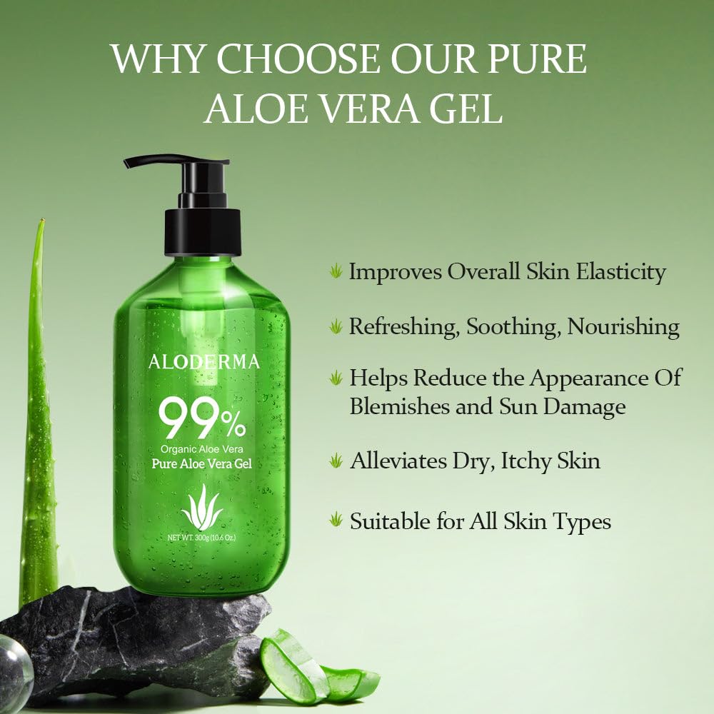Aloderma 99% Organic Aloe Vera Gel Made Within 12 Hours Of Harvest - Pump Bottle - Lightweight Aloe Gel For Face And Body, Sooth