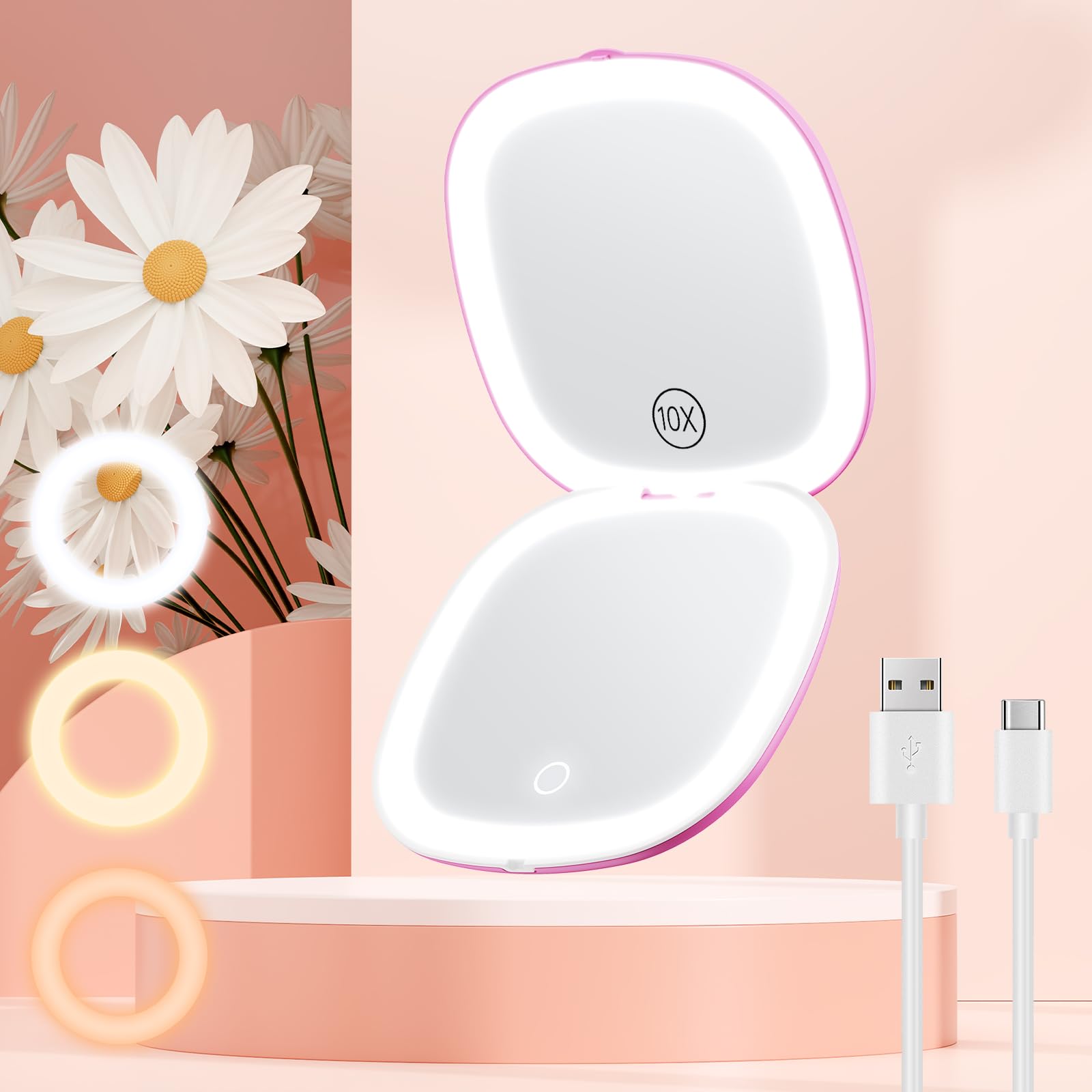 Gospire 3.9'' Rechargeable Travel Makeup Mirror With Lights And Magnification 10X, 3 Light Colors & Adjustable Brightness, Magne