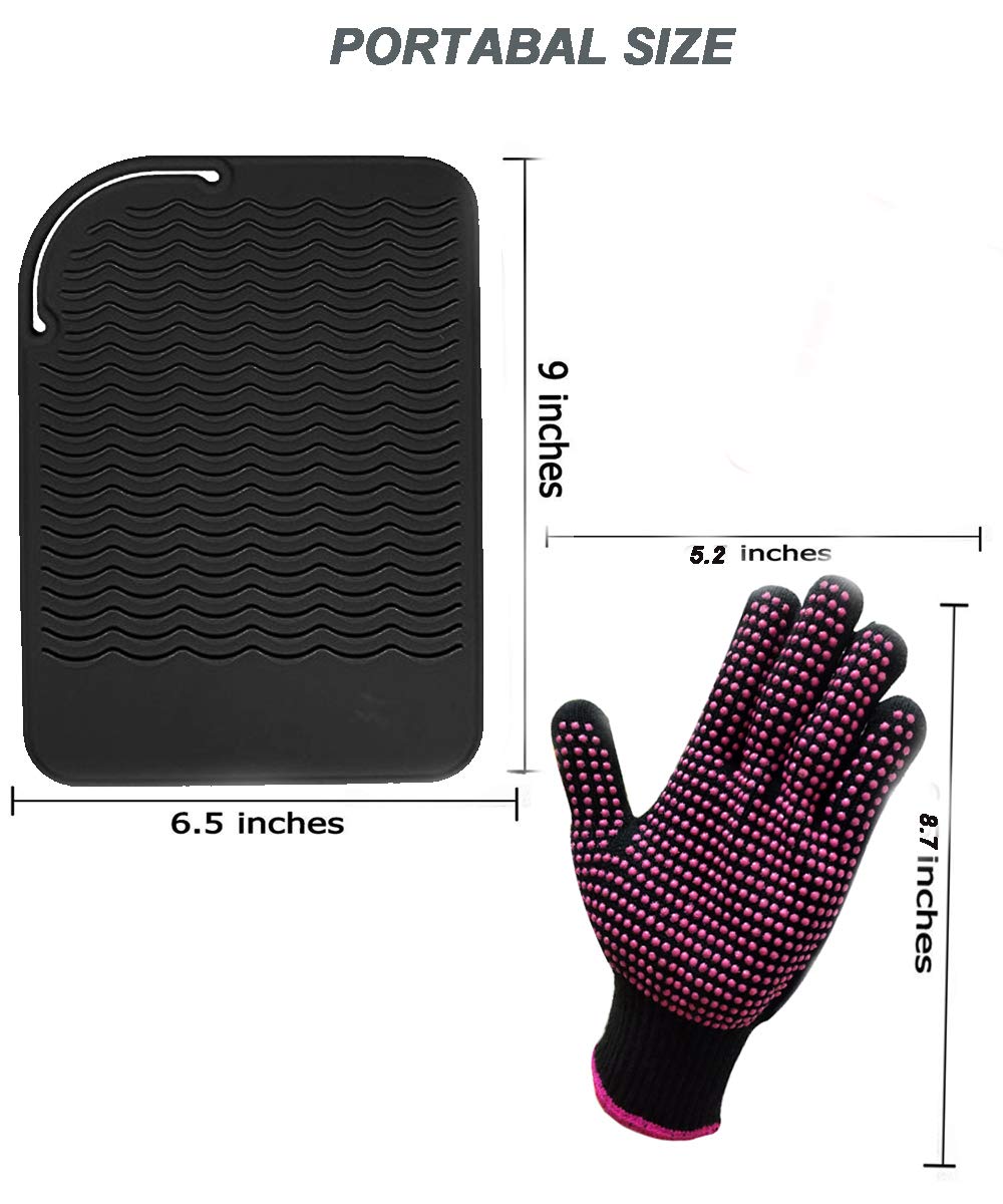 Heat Resistant Silicone Glove and Mat Set for Curling Iron, Hair Straightener, Flat Irons - 9 '' x 6.5 '' Food Grade Silicone Ma