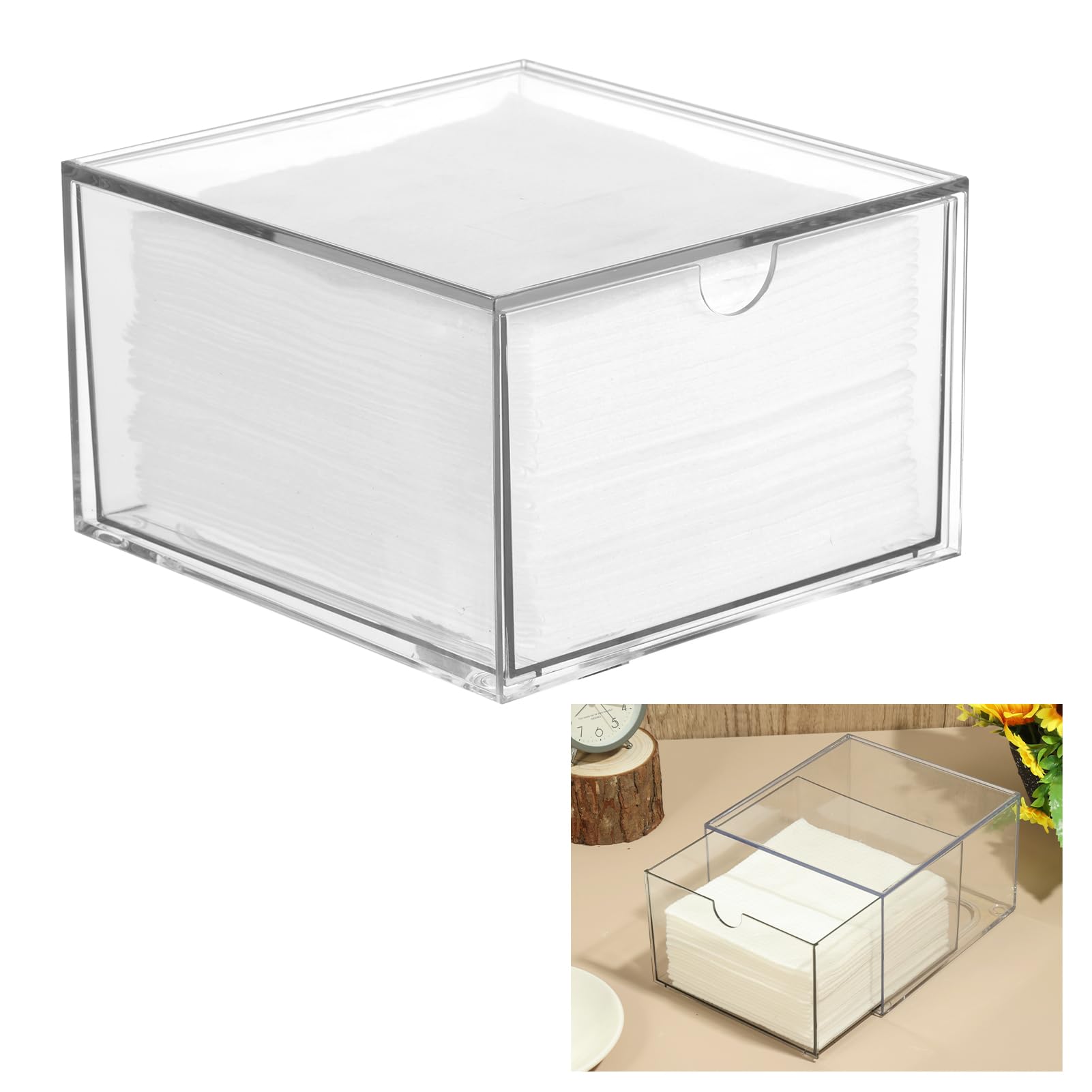Rainmae Disposable Face Towel Holder, Face Towel Storage Box Bin, Stackable Clear Makeup Organizer with Drawer for Clean Skin Cl