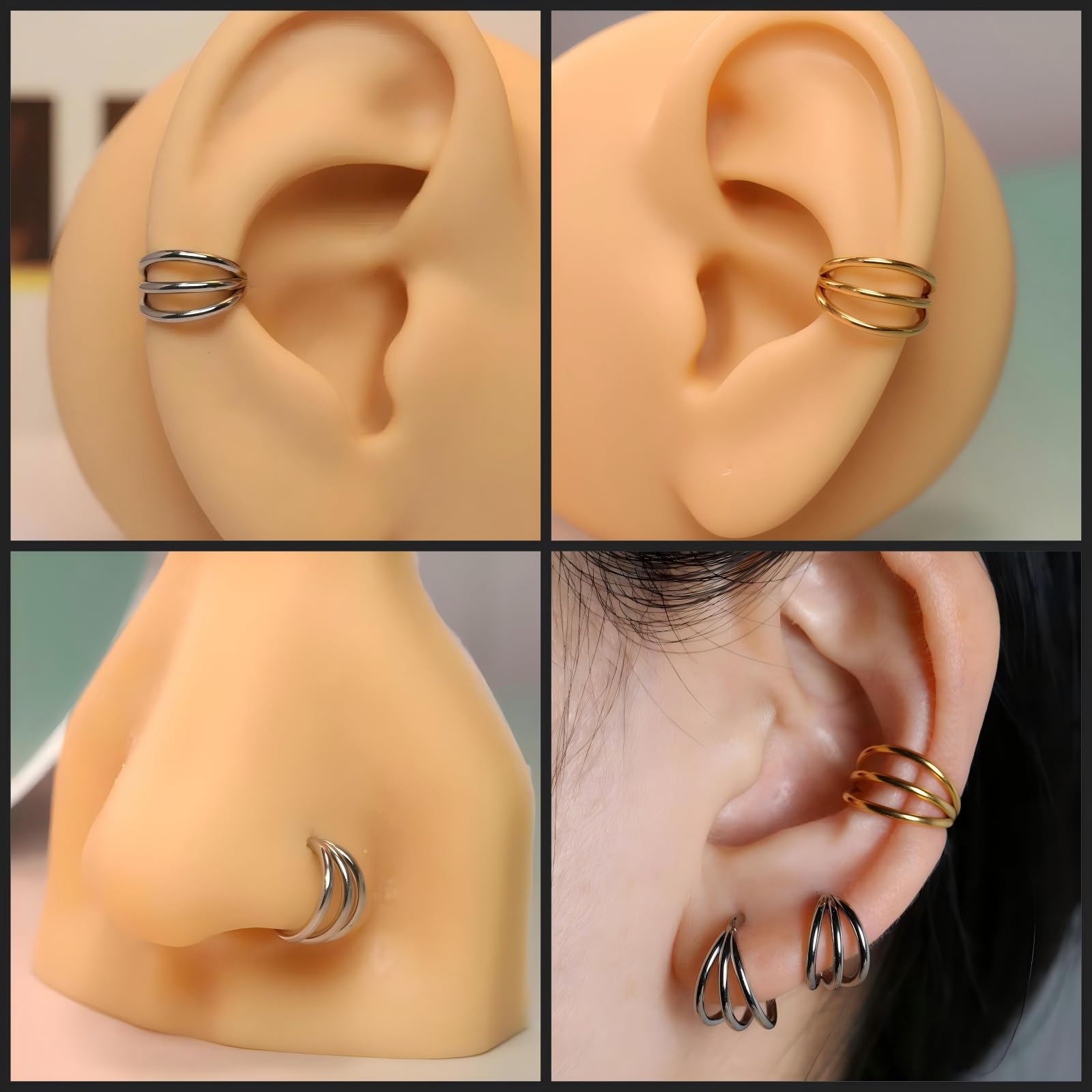 PEAKLINK 18G Triple Open Stacked Cartilage Conch Helix Earring Hoop 316L Surgical Steel Septum Nose Rings 8mm Lobe Earrings Unis