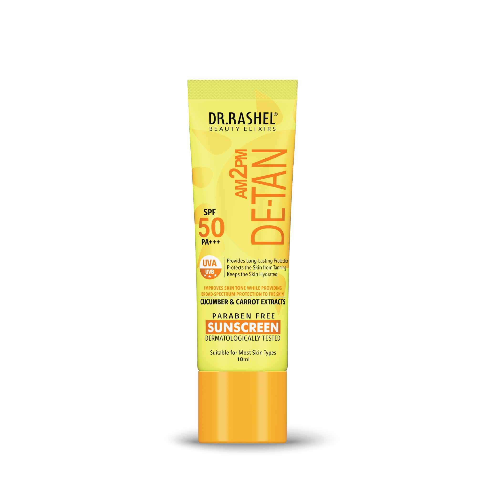 DR.RASHEL DETAN SUNSCREEN SPF 50 PA+++ SKIN HYDRATING, PROVIDES LONGLASTING PROTECTION WITH CUCUMBER & CARROT EXTRACT, Paraben