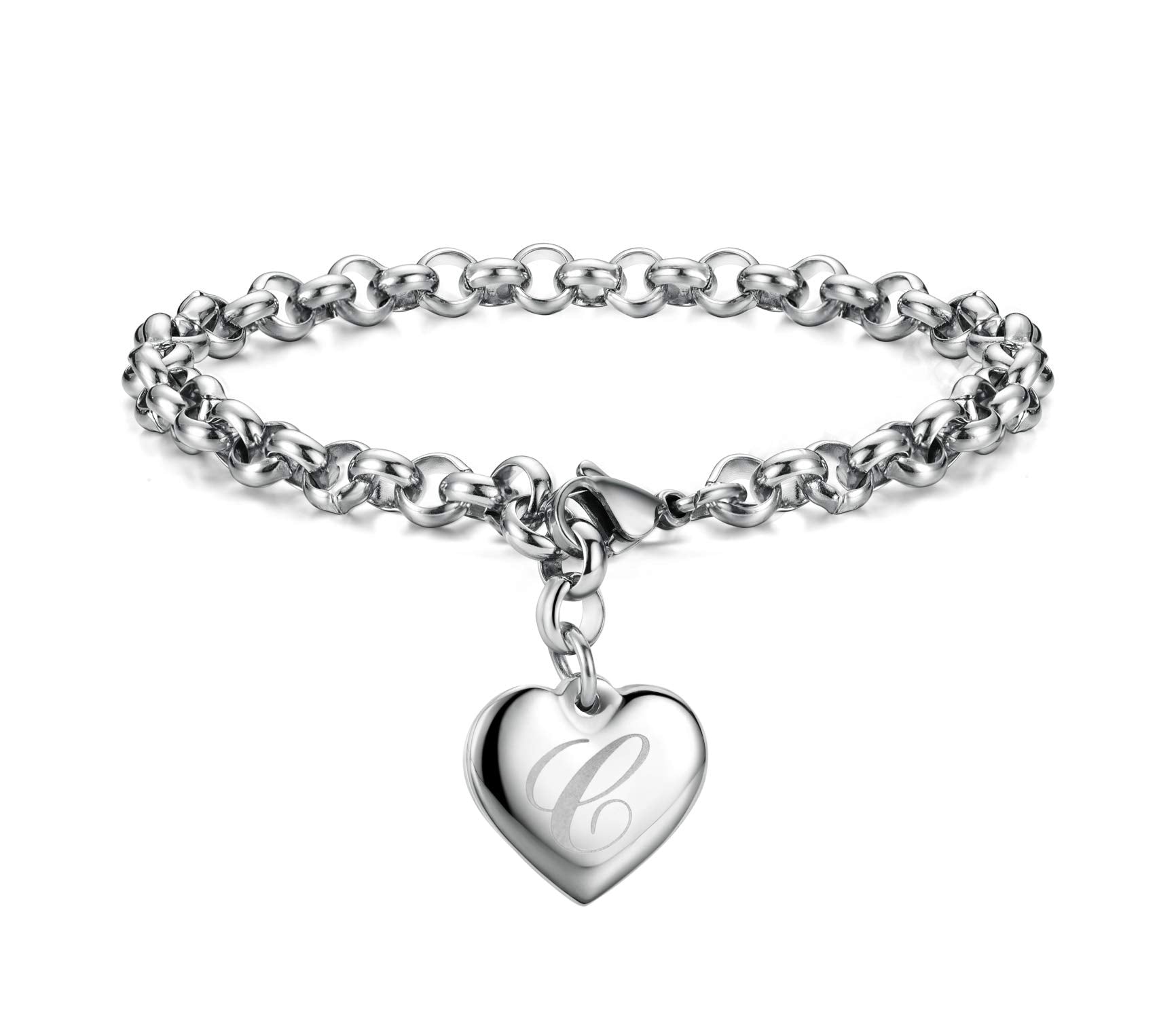 Monily Initial Charm Bracelets for Women Stainless Steel Charm Bracelets for Women Letters C Alphabet Heart Bracelet Jewelry Gif