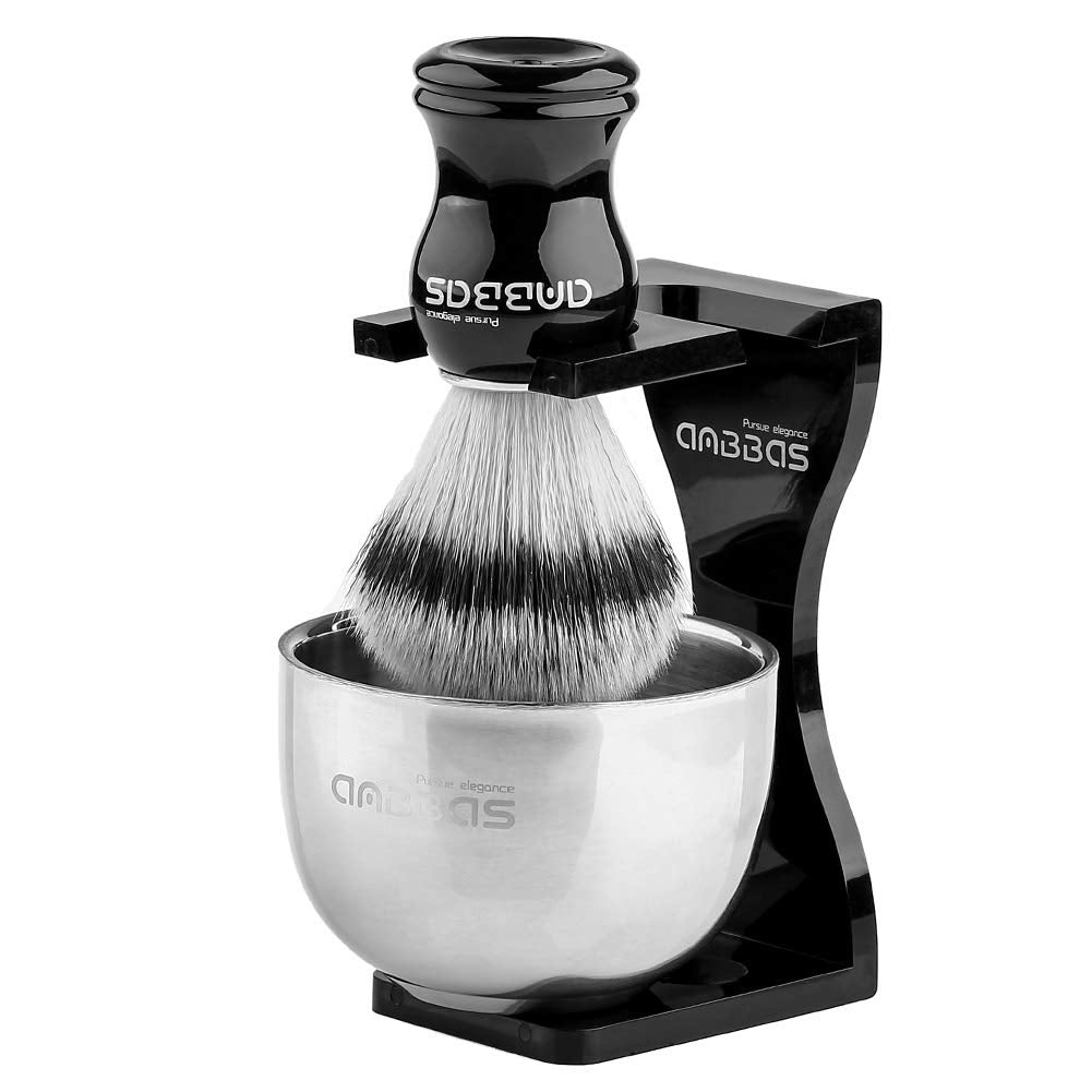 Anbbas 3IN1 Shaving Brush Set Synthetic Badger Hair with Stainless Steel Shaving Bowl,Black Acrylic Shaving Stand Holer for DE R