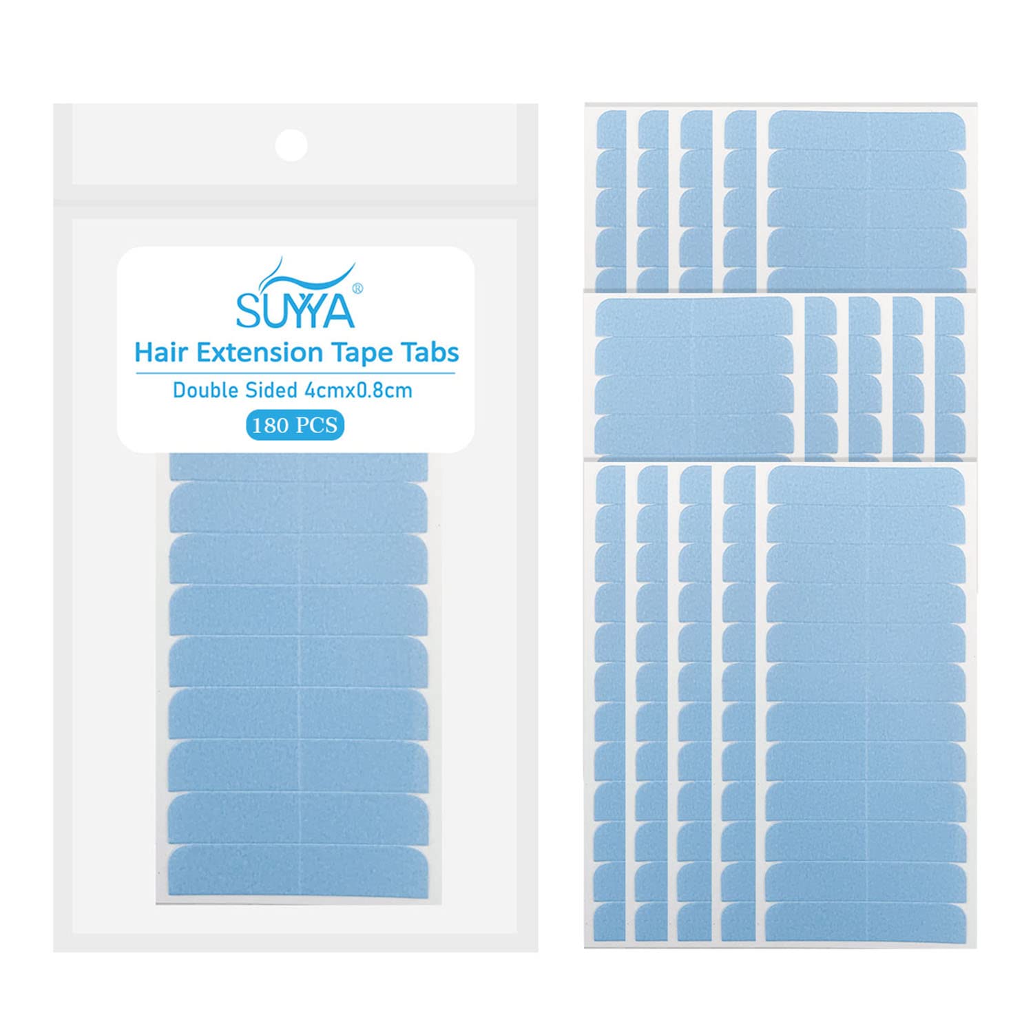 Suyya 180 Pieces Hair Extension Tape Tabs Double Sided Extension Tapes For Replacement 4Cm X0.8Cm (Blue 180 Pieces)