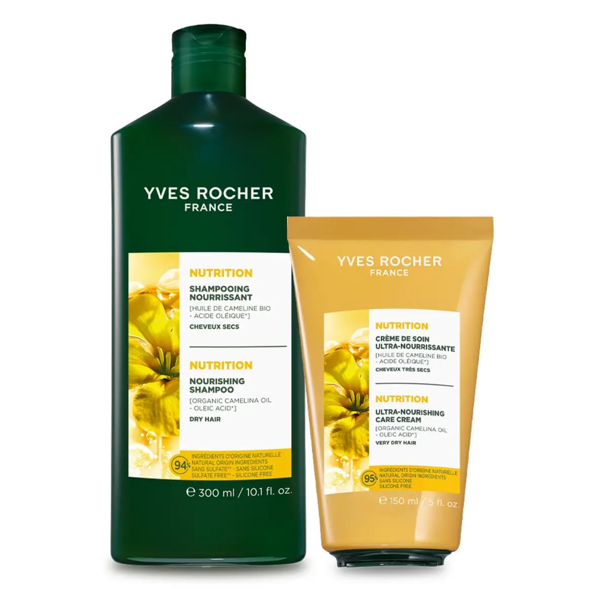 Yves Rocher Intensively Nourishing Hair Shampoo and Leave in Cream Set of 2 Camelina Oil All Hair Types 300 ml./ 10.1 150 ml./5 