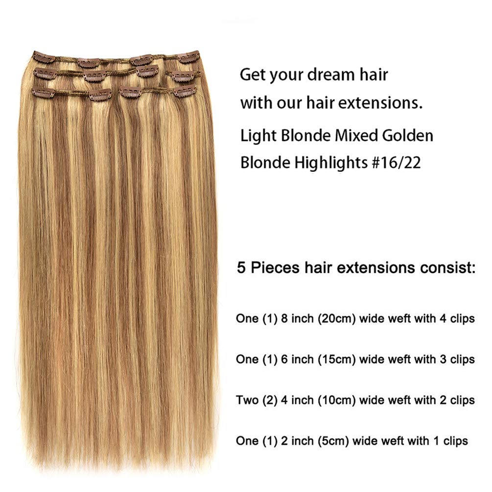 5 Pieces 18'' Remy Clip In Ombre Hair Extensions Human Hair Light Blonde Mixed Golden Blond Highlights - Silky Straight Long Thi