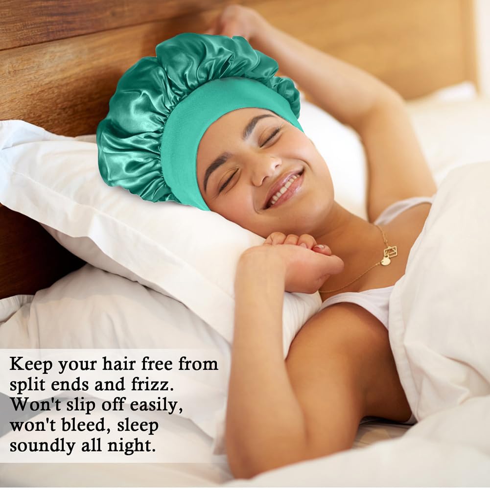 4Pcs Satin Bonnet Silk Bonnet, Hair Bonnet For Sleeping, Elastic Wide Band Silk Sleep Cap, Shower Cap Soft And Breathable (Green