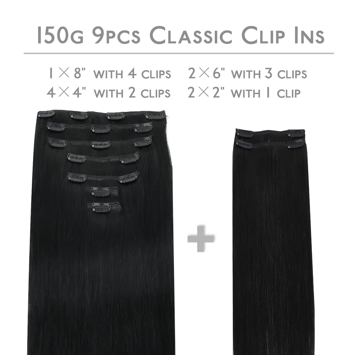 Wennalife Clip In Hair Extensions Real Human Hair, 22 Inch 150G 9Pcs Human Hair Extensions Clip In Human Hair, Jet Black Hair Ex