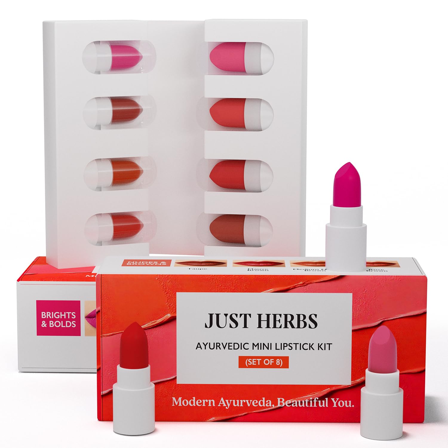 Just Herbs Ayurvedic Lipstick Micro-Mini Kit | Kit Of 8 Matte Lipsticks | Long-Lasting | Weightless | Ayurvedic Formula | Travel