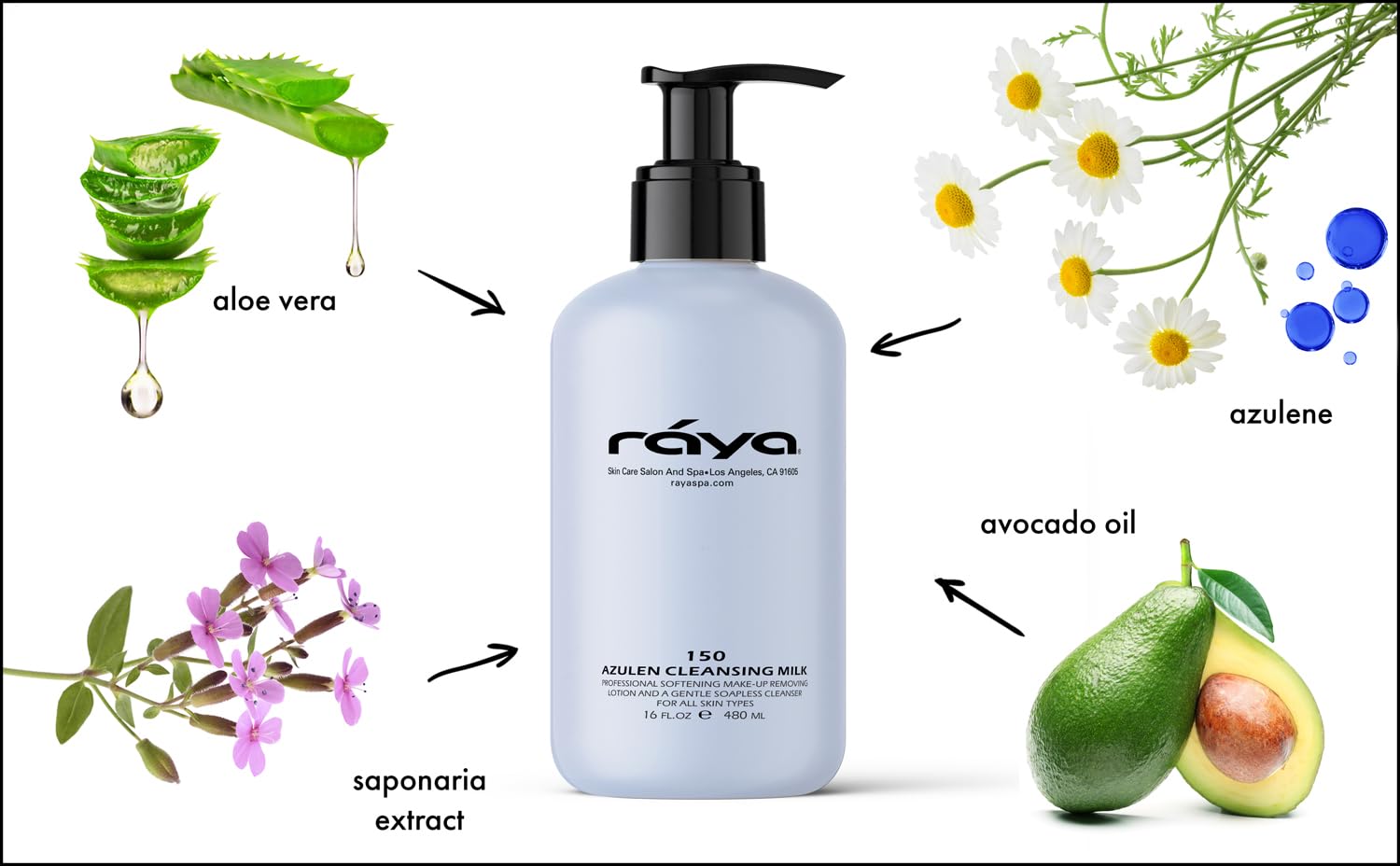 Raya Azulen Facial Cleansing Milk 16 oz (150) | Calming and Refining, Soap-Free Fluid Cleanser and Make-Up Removing Lotion | Mad