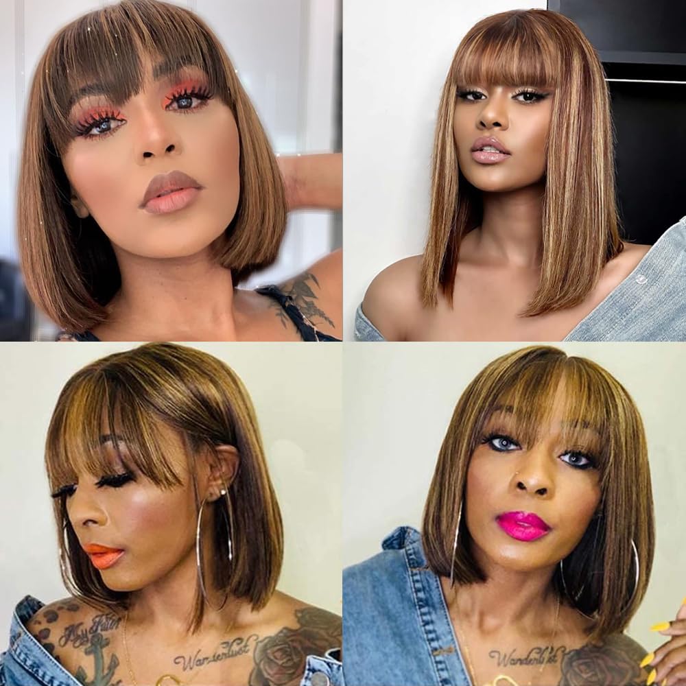 Rebasar Highlight Bob Wigs Human Hair 10 Inch Wigs With Bangs Bob Wigs For Black Women Human Hair Glueless Brazilian Virgin Stra