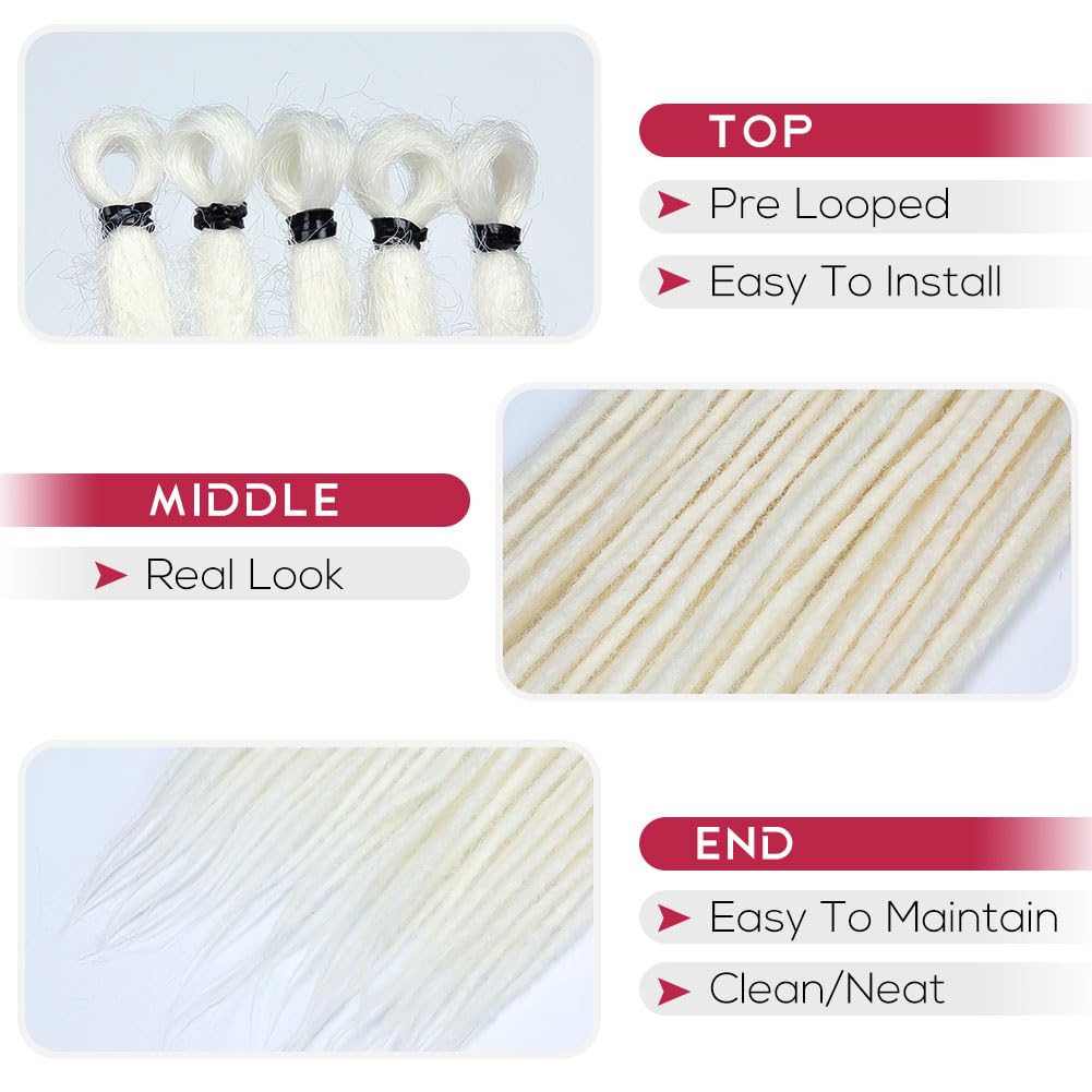 Kraler Pearl White Dreadlock Extensions, 22 '' Synthetic Crochet Dreads Extensions 100% Handmade Single Ended Dreads Thin 0.6cm