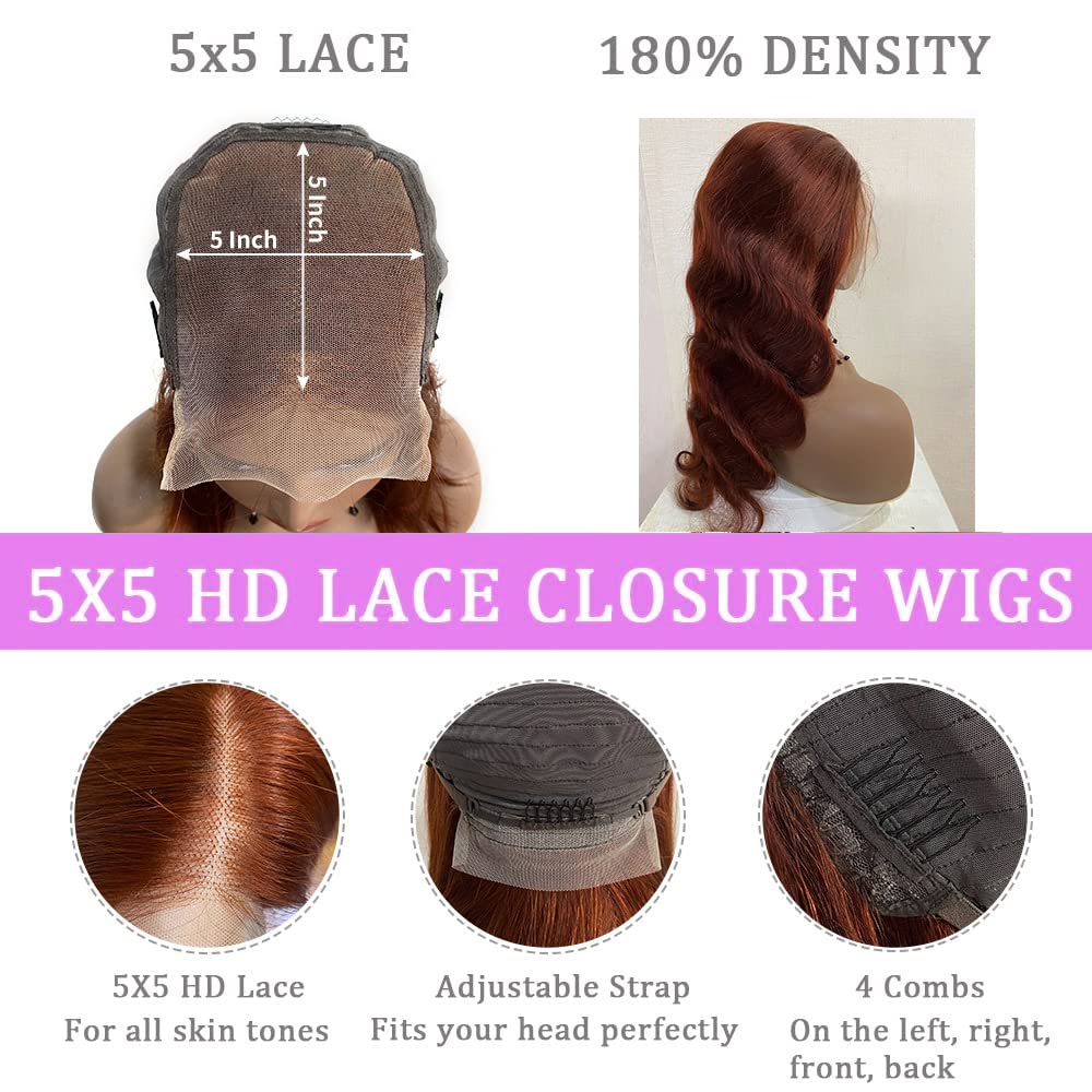 Reddish Brown 5X5 Hd Lace Closure Wigs Human Hair 180% Density 33B Reddish Brown Body Wave Lace Front Wigs Human Hair Glueless P