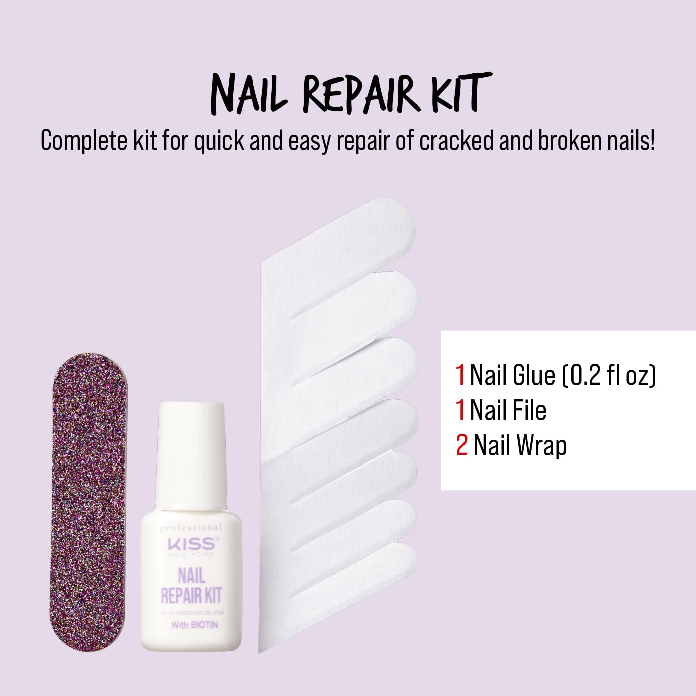 Kiss New York Nail Repair Kit For Damage Nails, Broken Cracked And Weak Nails, Biotin Infused Nail Glue, Nail File, And 2 Nail W
