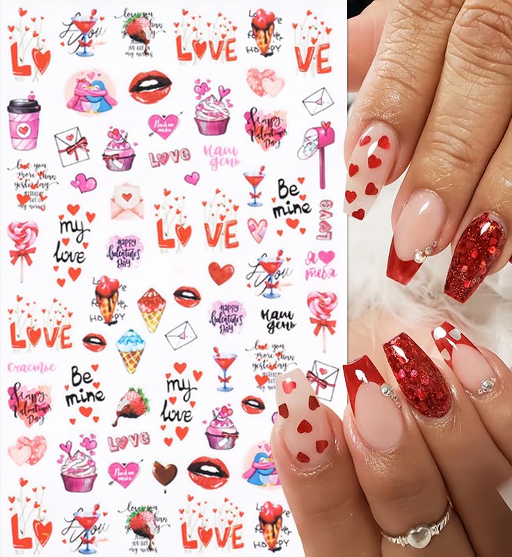 8Pcs Love Heart Nail Art Stickers Valentine'S Day 3D Self-Adhesive Nail Decals Sexy Lips Nail Supplies With Rose Bears Valentine