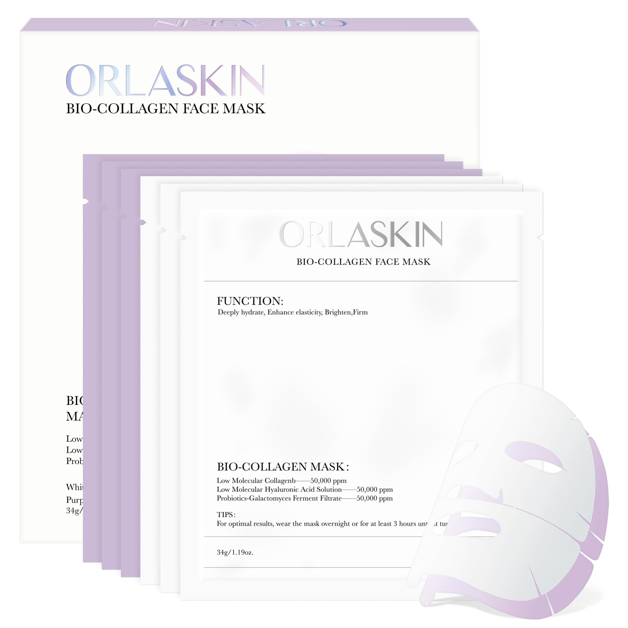 Deep Bio-Collagen Real Mask 34g*6ea, Facial Hydrogel Masks with Low Molecular Weight Collagen, Hydrating Overnight Mask for Mois