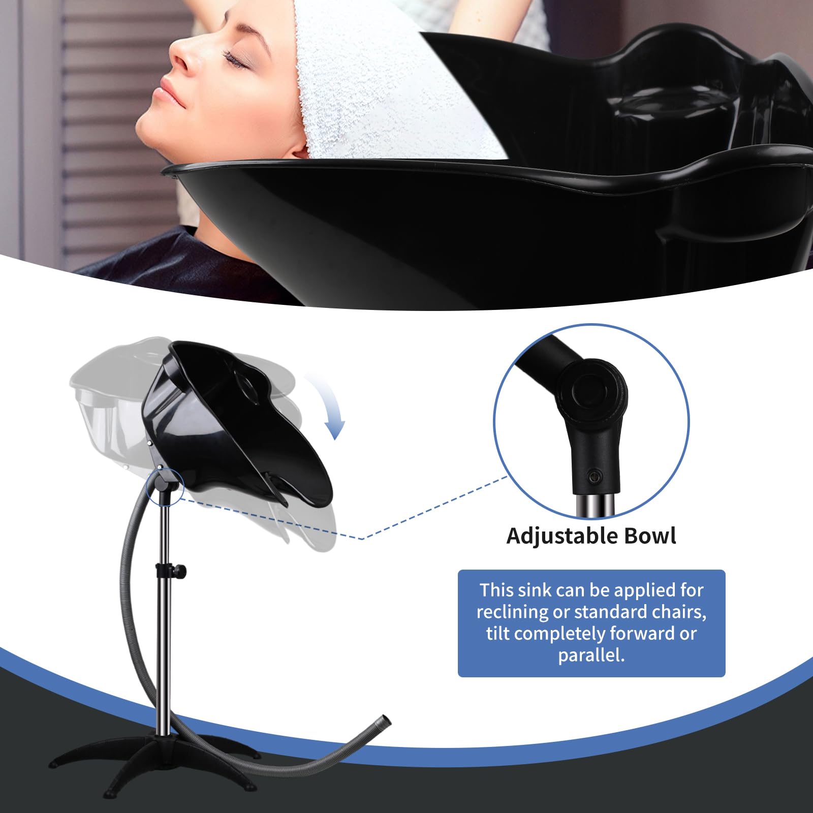Portable Shampoo Bowl, Height & Angle Adjustable Hair Washing Sink With Drain Hose, Standing Salon Deep Shampoo Basin For Hairst