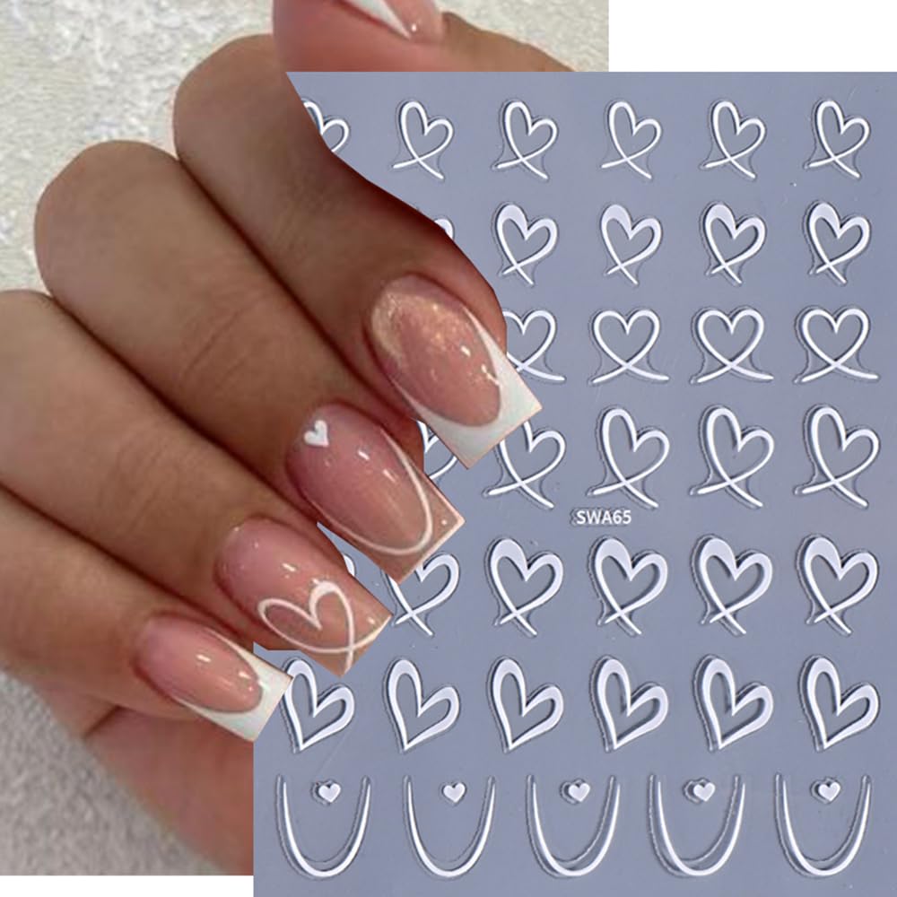 Valentine'S Day Nail Stickers For Nail Art, French Empty Love Heart Valentines Nail Art Stickers 3Pcs 3D Self-Adhesive Black Pin