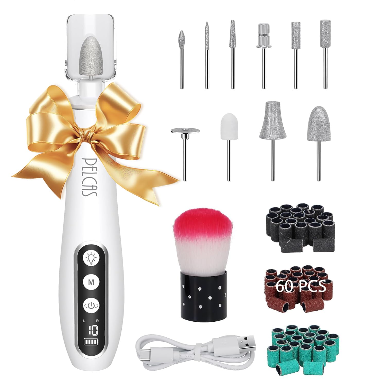 PELCAS Cordless Nail Drill, 10 Speeds Professional Electric Nail File with LED Light Portable Electric Toenail Files with LCD Sc