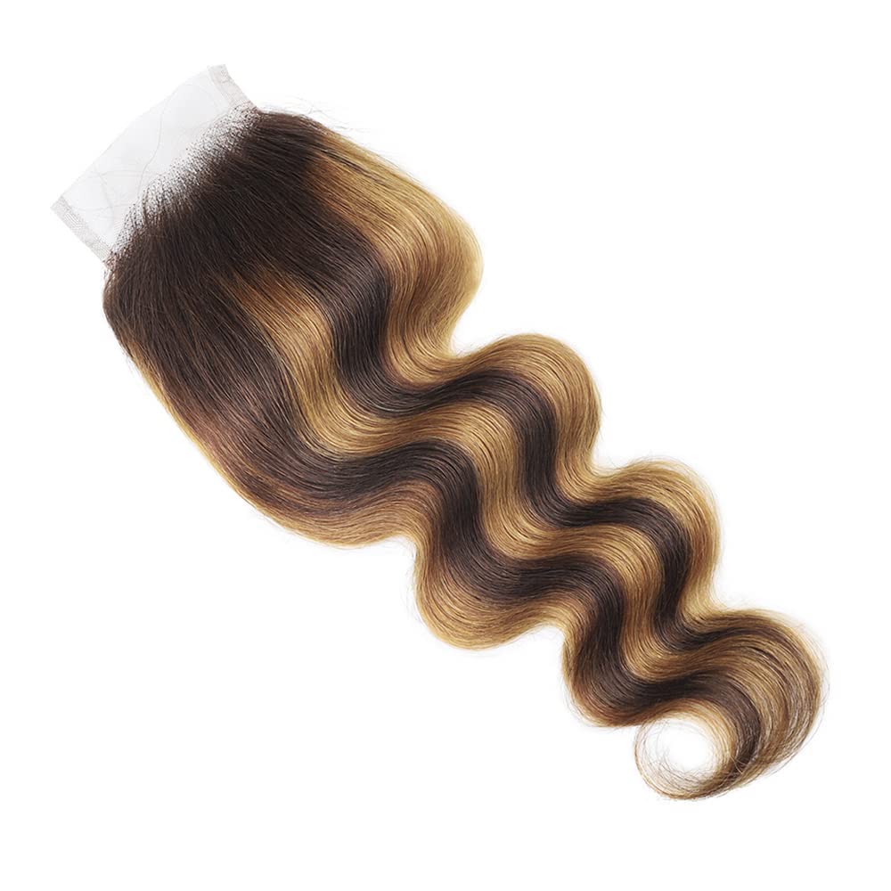 Lace Closure Human Hair Pre Plucked With Baby Hair 4/27 Closure Body Wave Brown To Honey Blonde Two Tone 4X4 Free Part Bleached